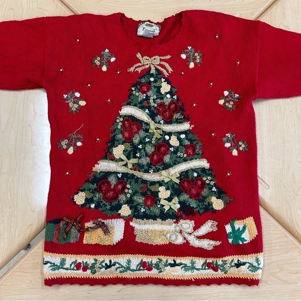 Vintage Tiara Petites Red Ugly Christmas Sweater Holiday Tree Winter Medium